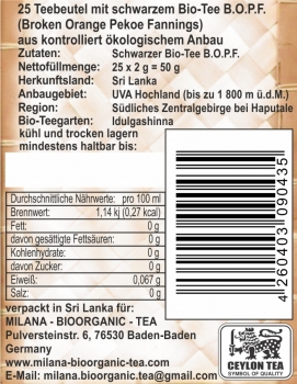 25 MILANA Ceylon DEMETER Organic BLACK TEA BAGS BOPF Broken Orange Pekoe Fannings packed into handwoven baskets with 55 percent benefits support . The tea, ... that tastes like love. Fairly and sustainably manufactured.